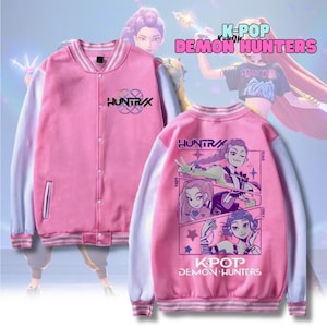 Demon Hunters Jacket, K-pop Jacket For Men Women, Harajuku Streetwear Sweater, Anime Purple Baseball Hoodie, Demon Hunters Gifts