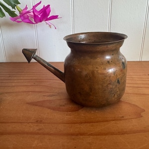 May include: A small, antique copper watering can with a spout and handle. The can has a rounded body and a slightly flared rim. The copper has a warm, aged patina. A pink flower with green leaves is in the background.
