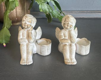 Vintage  Ceramic Cherub Angel Taper Candle Holders - Set of 2