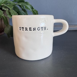 Rae Dunn STRENGTH Mug by Magenta - Rare - Vintage Typewriter Font Short Coffee Cup - Collectible Farmhouse Decor