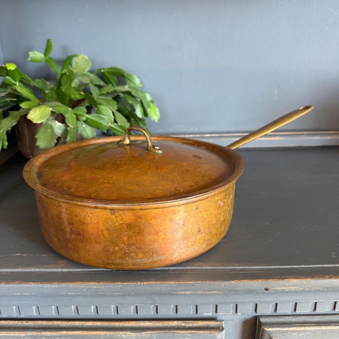 Vintage Rustic Copper Sauce Pan With Lid & Long Handle - Made in ...