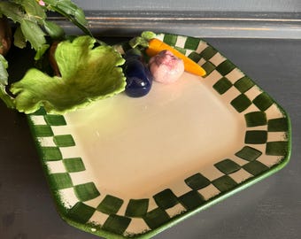 Vintage  "Trompe l'oeil" serving plate by Cali Pottery with Checkered Edge & 3D Vegetables