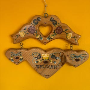 Vintage Hand Painted 'Welcome' Sign - Carved Wood with Hearts