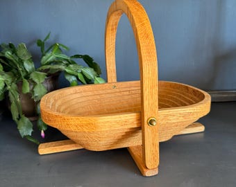 Vintage Folding Collapsible Oval Wood Fruit Basket - Kitchen Countertop Storage