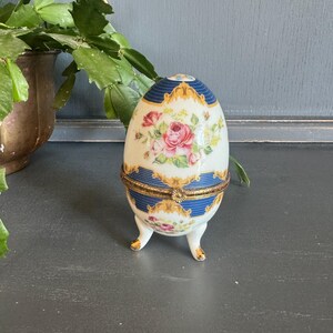 Vintage Porcelain Egg Jewelry Box with Rose Floral