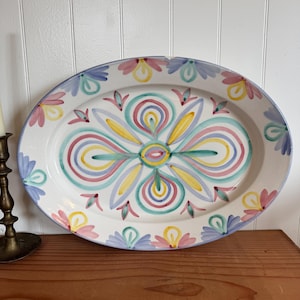 Vintage Italian Hand Painted Ceramic Oval Platter with Stunning Mediterranean Folk Art Pastel Colors