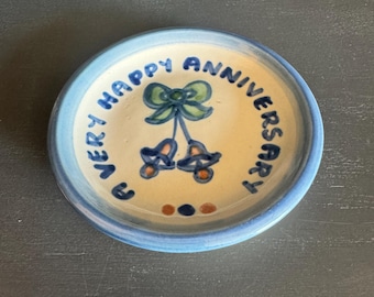 Vintage M A Hadley Pottery “A Very Happy Anniversary “ Coaster, Cupcake Plate, Trinket Dish