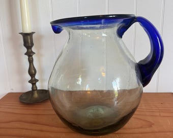 Handblown Clear Glass Pitcher with Blue Handle & Rim for Lemonade or Margaritas