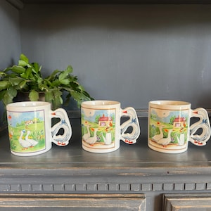 Vintage 1980s Goose Scene Blue Ribbon Goose Handle Ceramic Mug