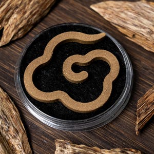 May include: A brown incense coil in a clear plastic container on a black surface, with pieces of wood scattered around. The incense coil is cloud-shaped. The wood pieces are various sizes and shapes, with light and dark brown colours.