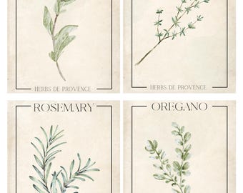 Impressions numériques Herbes de Provence – lot de 4 décorations murales herbes botaniques | Romarin, origan, thym, marjolaine | Décoration de cuisine française imprimable