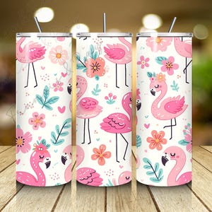 Envoltura de vaso de flamenco PNG / Diseño de sublimación de vaso delgado sin costuras de 20 oz / Lindo estampado floral de pájaro de verano / Descarga digital instantánea