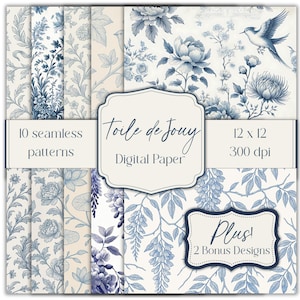 Blue Toile de Jouy / Chinoiserie Digital Paper | 10 Seamless 12&quot;x12&quot; Patterns | 300 DPI Scrapbook Paper | French Floral Grand Millennial art