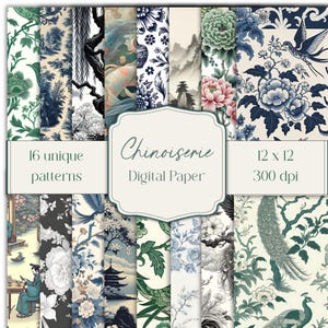 Chinoiserie Digital Paper Pack – 16 12x12" Patterns | Vintage Floral, Birds, Pagodas, Peacocks | Grand Millennial Art 300 DPI