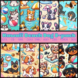 Kawaii Beach Dog Tumbler Bundle – 8-Pack PNG Set (Rottie, GSD, Yorkie, Cocker, Husky, Corgi, Frenchie, Doxie) – 20oz Wraps, Seamless Sublim