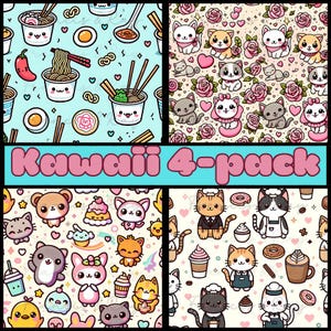 Paquete de 4 PNG kawaii / Paquete de sublimación lindo / Clipart de animales de Noodles Cats Cafe / Patrón kawaii PNG para vasos, descarga digital