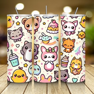 Envoltorio para vaso kawaii / Animales lindos PNG de 20 oz / Sublimación estética pastel / Descarga digital