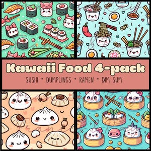 Kawaii Food Sublimation Bundle – Sushi, Ramen, Dumplings & Dim Sum | Cute Digital Art PNG 300 DPI | 4 Pack 9.3x8.2”