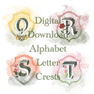 Escudo digital de la letra inicial T, monograma, ilustración, acuarela, descarga instantánea