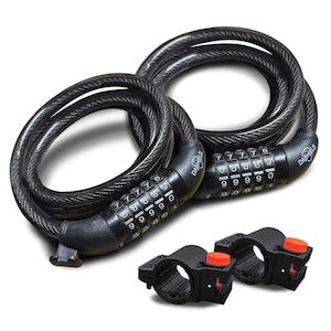 May include: Black combination bike lock with the brand name "Dashield" visible. The lock features a coiled cable and a combination dial with numbers. Two black mounting brackets with orange accents are also included.