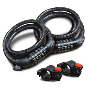 May include: Black combination bike lock with the brand name "Dashield" visible. The lock features a coiled cable and a combination dial with numbers. Two black mounting brackets with orange accents are also included.