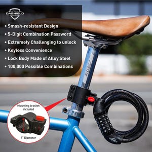 May include: A black bicycle lock with a 5-digit combination, attached to a blue bicycle frame. The lock features a keyless design and is made of alloy steel. The image also shows a mounting bracket with a 1-inch diameter.