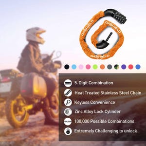 Lucchetto a catena per bicicletta, moto, scooter DaShield da 38,6 pollici con combinazione reimpostabile a 5 cifre. immagine 7