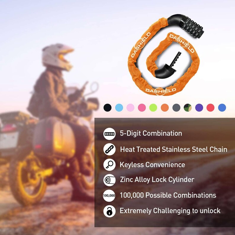 Lucchetto a catena per bicicletta, moto, scooter DaShield da 38,6 pollici con combinazione reimpostabile a 5 cifre. immagine 7