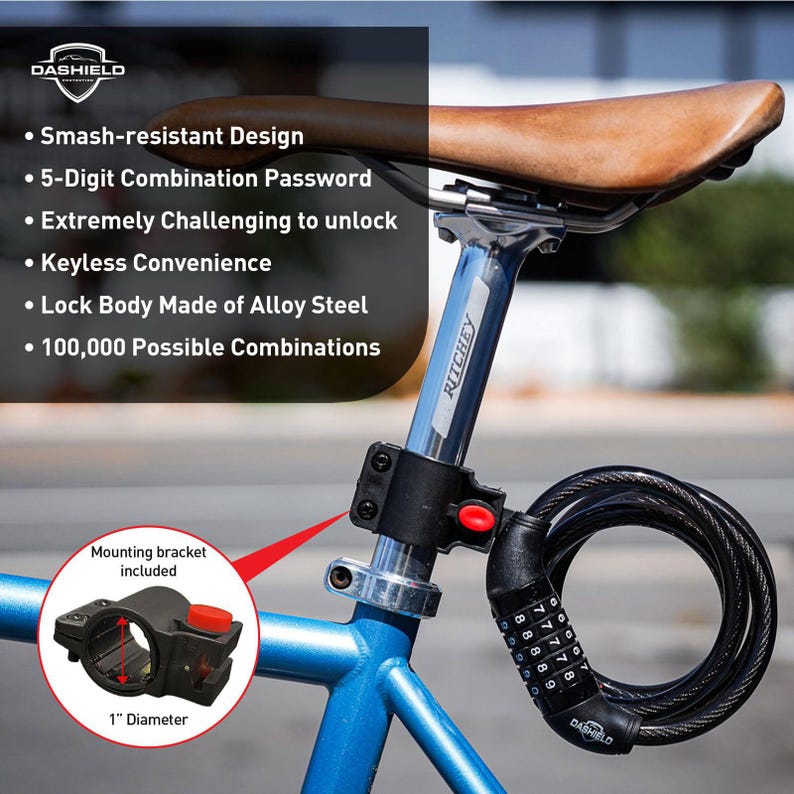 DaShield Bike Lock Cable 5 Digit Resettable Combination Code for Bicycle and Scooter image 2