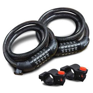 May include: Black combination bike lock with the brand name "Dashield" visible. The lock features a coiled cable and a combination dial with numbers. Two black mounting brackets with orange accents are also included.