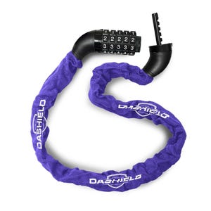 May include: A purple bicycle lock with a combination dial and key entry. The lock is made of a chain covered in a purple fabric. The combination dial is black with white numbers. The brand name "DASHIELD" is printed on the chain.