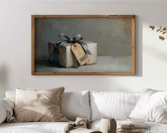 Caja de regalo vintage con marco para TV Samsung, cuadro con lazo, decoración navideña minimalista, decoración para TV con marco, escena de mesa sencilla 127