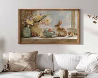 Marco rústico para TV con alféizar de ventana, arte de cerámica con conejito y flores primaverales para TV, decoración digital, descarga vintage, arte primaveral 114