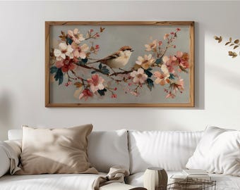 Rustic Spring Bird Art TV Art, Samsung Frame TV Art With Blossoming Branch, Vintage Cottagecore Floral Wall Decor, Digital Download 61