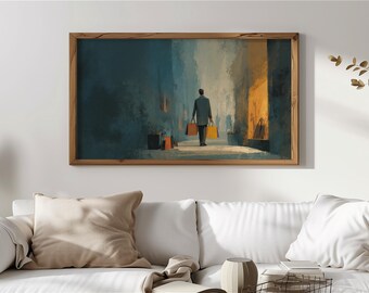 Arte vintage para TV con marco Samsung, arte rústico para TV con escena de compras, decoración de pared de paisaje urbano, descarga digital, pintura urbana moderna 134