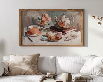 Arte de TV con marco de juego de té vintage y macarrones, decoración rústica de cocina, arte de TV con marco Samsung, arte de pared cottagecore, descarga digital imprimible 95