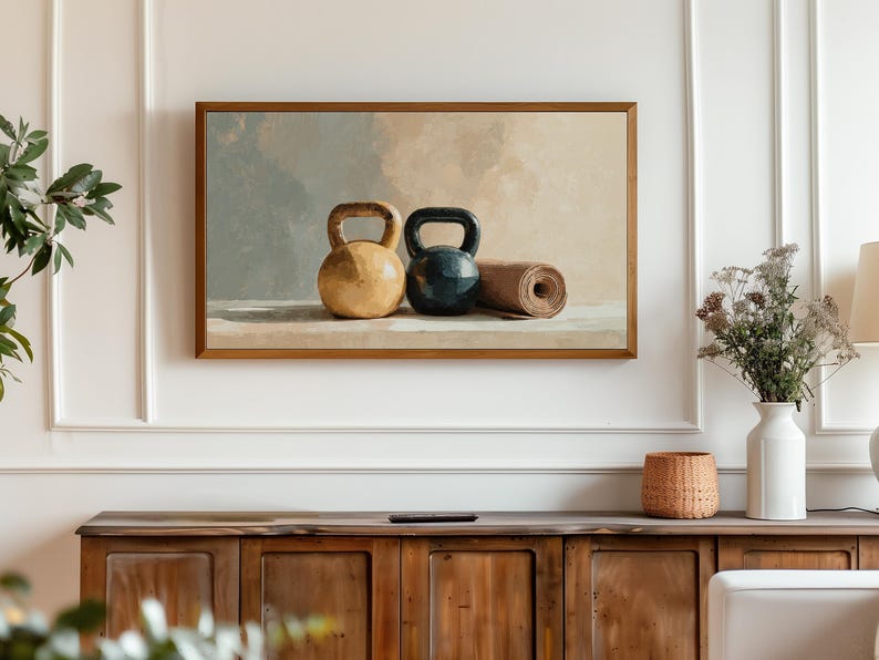 Rustic Still Life Kettlebell Art for Frame TV, Earthy Workout Wall Decor, Vintage Gym Art, Fitness Room TV Art, Digital Download 75 image 5