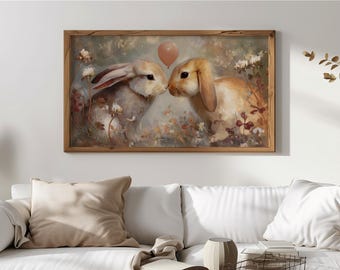 Arte rústico de conejitos para TV, arte de pared romántico estilo cottagecore con trébol, decoración digital de estilo vintage, pintura de estilo rústico 158