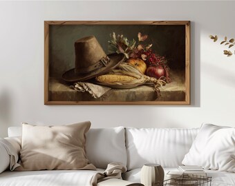 Cornice TV Samsung con cappello da pellegrino rustico in stile cottage, decorazioni vintage per il raccolto, arte autunnale con mais e frutta per esposizione TV 138