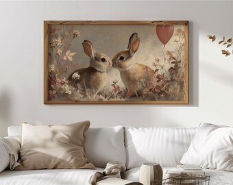 Arte rústico de conejo para TV, marco de conejito con nariz a nariz, decoración de animales estilo cottagecore, decoración de pared primaveral, flores silvestres, descarga digital 155