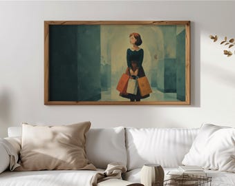 Arte de TV con marco de compras vintage, arte de TV con mujer con bolsas de compras, arte elegante con escena de compras para TV con marco, decoración de pared, descarga digital 135