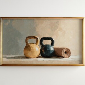 Rustic Still Life Kettlebell Art for Frame TV, Earthy Workout Wall Decor, Vintage Gym Art, Fitness Room TV Art, Digital Download 75 image 2