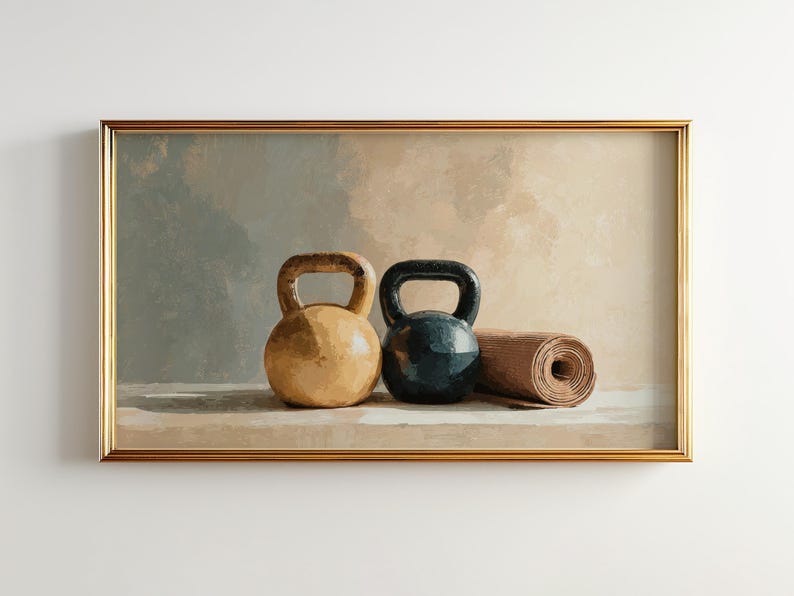 Rustic Still Life Kettlebell Art for Frame TV, Earthy Workout Wall Decor, Vintage Gym Art, Fitness Room TV Art, Digital Download 75 image 2