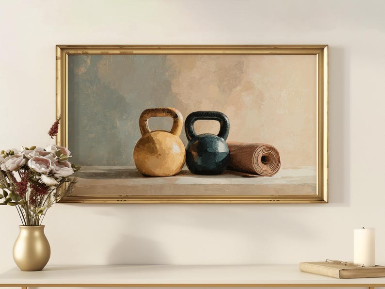 Rustic Still Life Kettlebell Art for Frame TV, Earthy Workout Wall Decor, Vintage Gym Art, Fitness Room TV Art, Digital Download 75 image 7