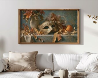 Máscara de mascarada ornamentada, bodegón, marco para TV, decoración vintage, arte para TV Samsung, pintura rústica otoñal, arte mural digital, descarga 87