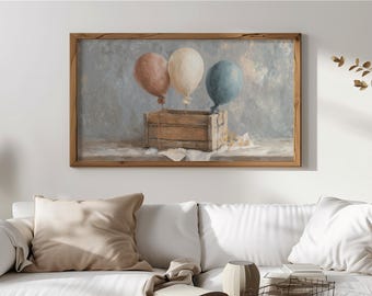 Arte rústico de pared con globos para TV con marco, pintura vintage con globos de helio, decoración de TV estilo cottagecore, estética de granja 105