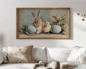 Arte vintage de conejito primaveral para TV con marco, decoración rústica de Pascua para TV con marco, arte de pared de estilo rústico, descarga digital primaveral 111