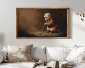 Decoración rústica de oso golfista para TV con marco, cuadro de oso antropomórfico con palo de golf, decoración de pared, arte de TV de estilo vintage, descarga 146