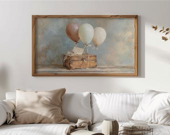 Arte rústico para TV con marco, lienzo con globos vintage para TV, decoración cottagecore, arte mural clásico, estilo rústico, descarga digital 104