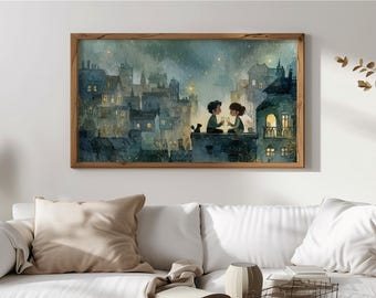 Arte de TV con escena nocturna melancólica, pintura de amigos en el balcón, arte de paisaje urbano para TV, decoración de pared urbana rústica, descarga digital de ensueño 109